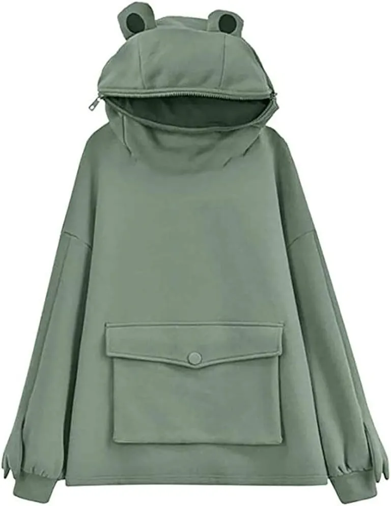 Womens Girls Frog Hoodies Zipper Mouth Hooded Pullover Sweatshirt with Large Pocket