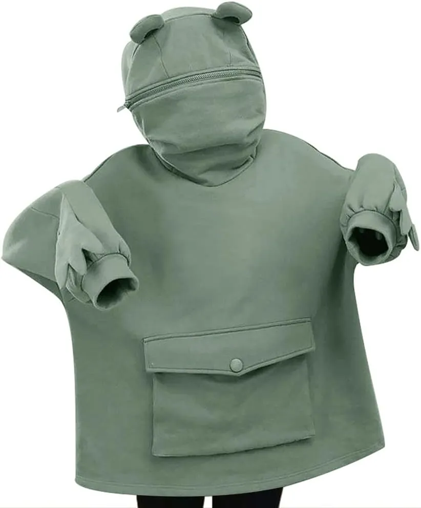 Womens Girls Frog Hoodies Zipper Mouth Hooded Pullover Sweatshirt with Large Pocket
