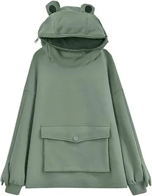 Womens Girls Frog Hoodies Zipper Mouth Hooded Pullover Sweatshirt with Large Pocket