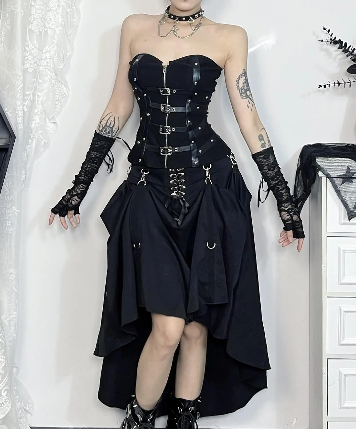 Women's Goth High Waist Long Flowy Skirts Y2k Summer Fairy Maxi Skirts Black Ruffle Skirt Grunge Punk Skirt