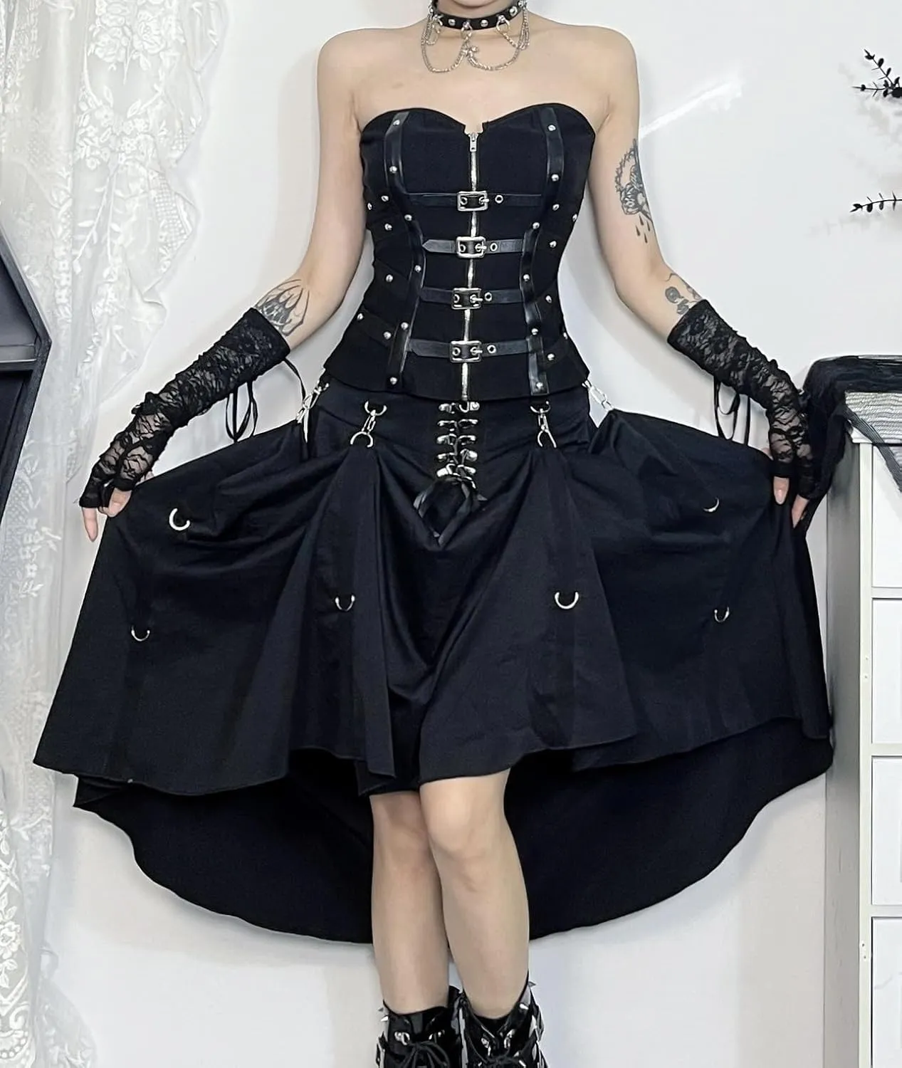 Women's Goth High Waist Long Flowy Skirts Y2k Summer Fairy Maxi Skirts Black Ruffle Skirt Grunge Punk Skirt