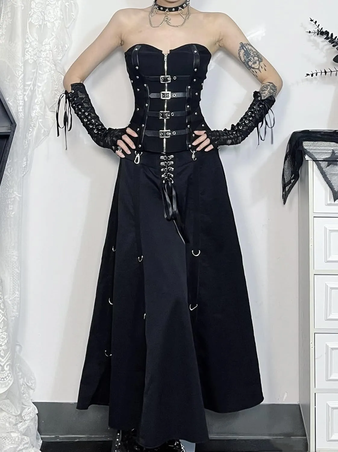 Women's Goth High Waist Long Flowy Skirts Y2k Summer Fairy Maxi Skirts Black Ruffle Skirt Grunge Punk Skirt