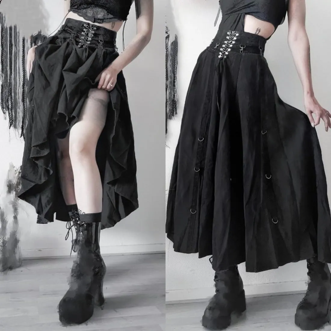 Women's Goth High Waist Long Flowy Skirts Y2k Summer Fairy Maxi Skirts Black Ruffle Skirt Grunge Punk Skirt