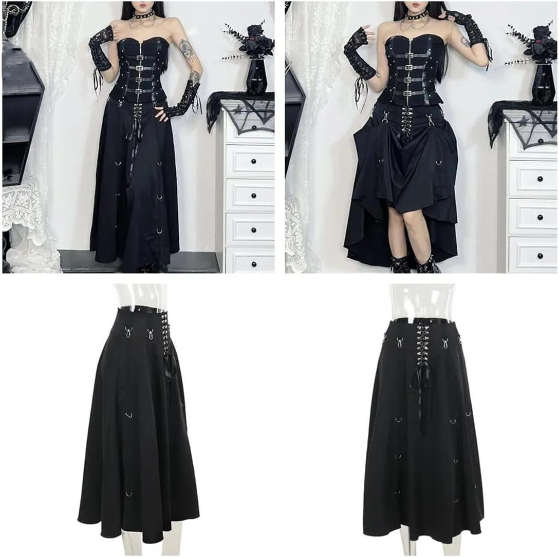 Women's Goth High Waist Long Flowy Skirts Y2k Summer Fairy Maxi Skirts Black Ruffle Skirt Grunge Punk Skirt