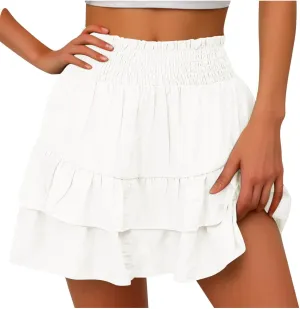 Women's High Waist Cotton Mini Skirts Flowy Ruffle Casual A-Line Short Skirt Summer Layered Pleated Beach Skirt