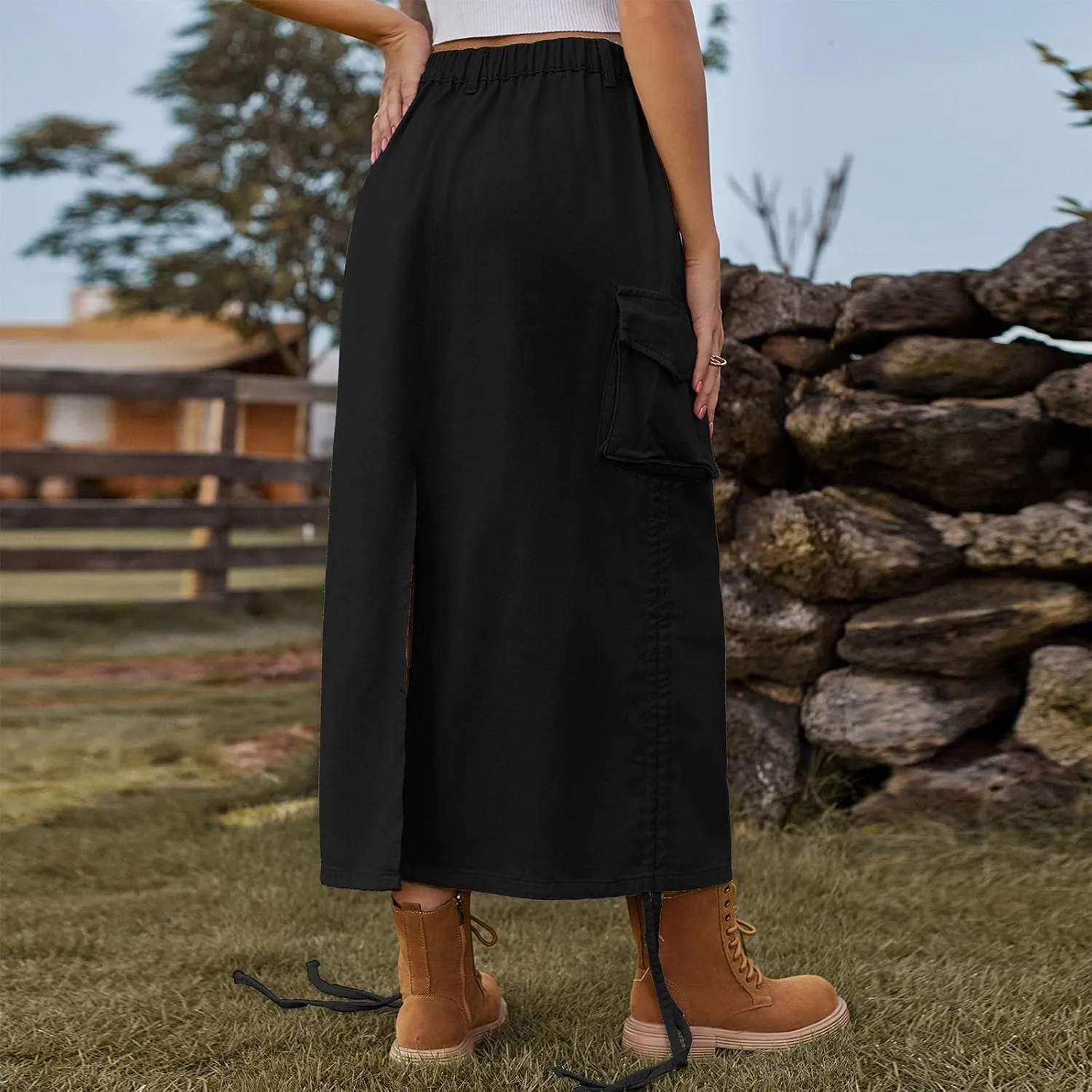 Women's High Waisted Denim Skirts Trendy Drawstring Hem Jeans Skirt Ruffle Mermaid Fishtail Cargo Skirt with Pockets