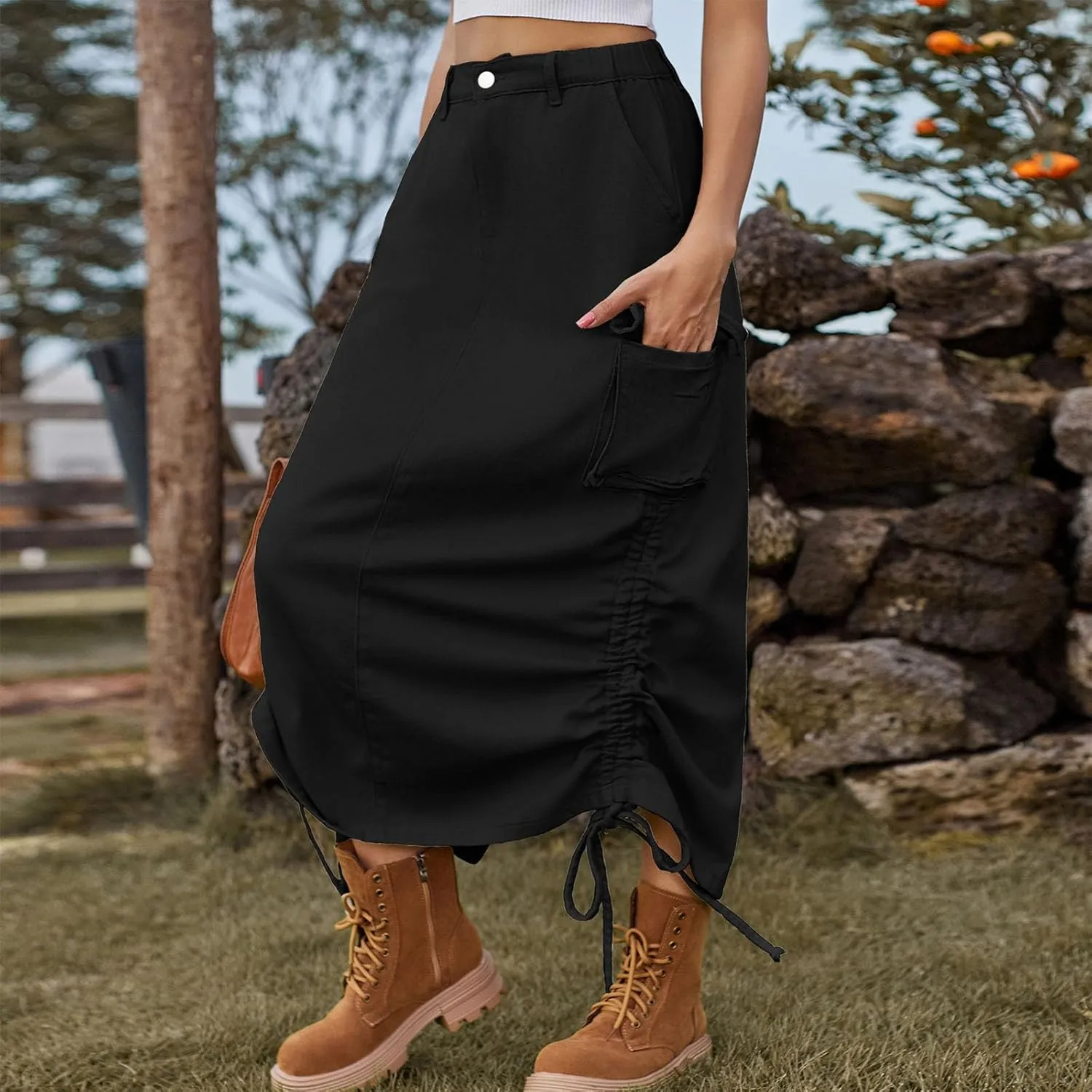 Women's High Waisted Denim Skirts Trendy Drawstring Hem Jeans Skirt Ruffle Mermaid Fishtail Cargo Skirt with Pockets