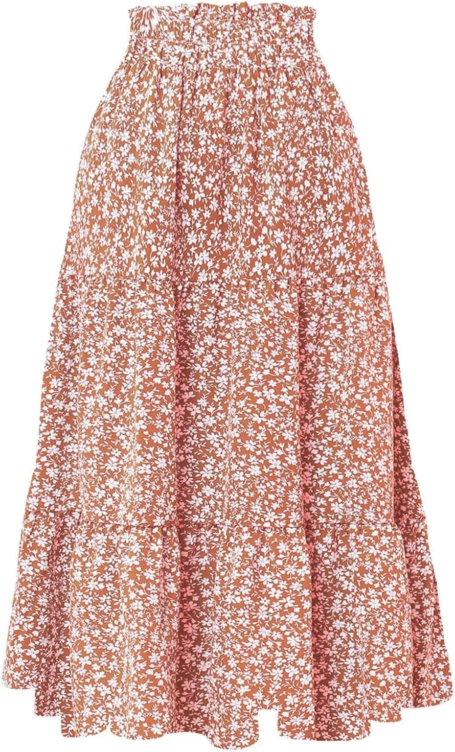 Womens High Waisted Elastic Skirt 2025 Trendy Casual Print Long Skirt Summer Flowy Swing Pleated A-Line Maxi Skirts