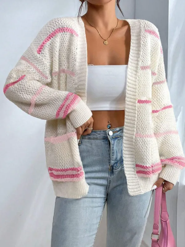Womens Knit Cardigan  Oversized Fit  Open Front  Striped Pattern  Ribbed Trim