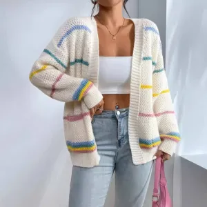 Womens Knit Cardigan  Oversized Fit  Open Front  Striped Pattern  Ribbed Trim