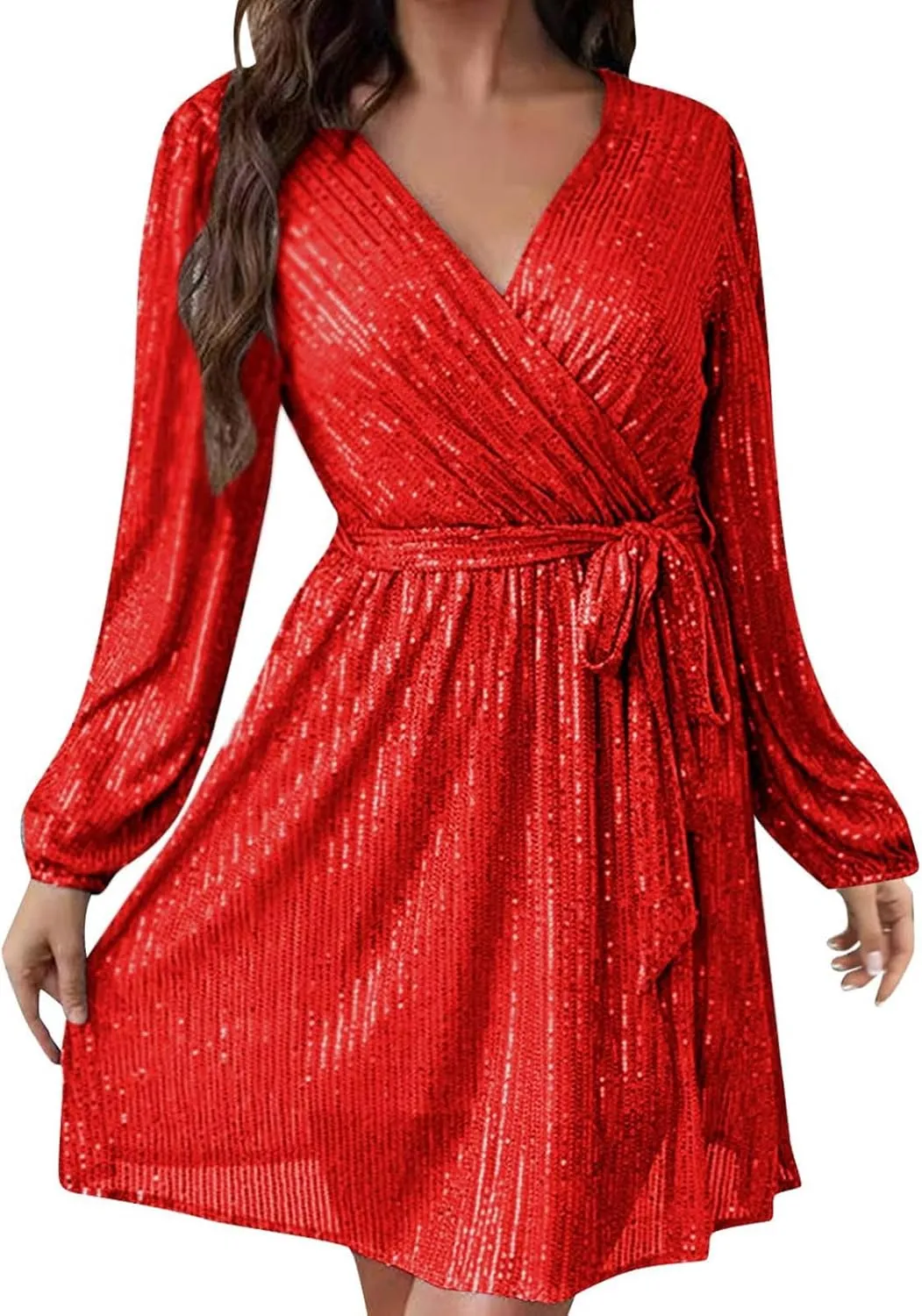 Women's Lantern Long Sleeve V Neck Sequin Cocktail Party Dress Plus Size Dresses for Women Wedding Guest with Belt