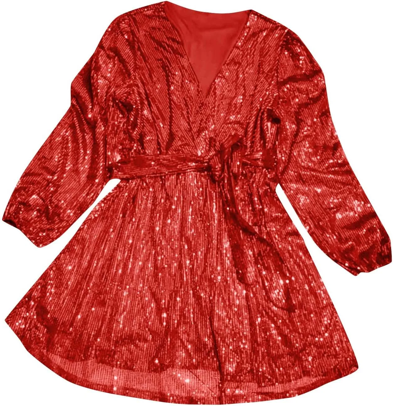 Women's Lantern Long Sleeve V Neck Sequin Cocktail Party Dress Plus Size Dresses for Women Wedding Guest with Belt