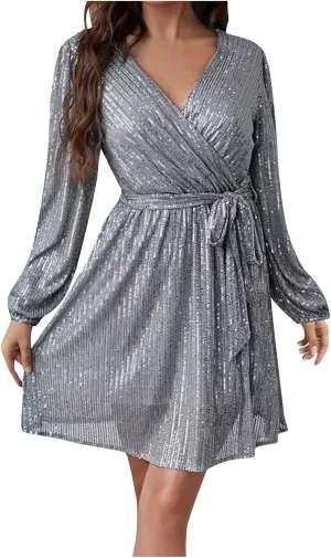Women's Lantern Long Sleeve V Neck Sequin Cocktail Party Dress Plus Size Dresses for Women Wedding Guest with Belt