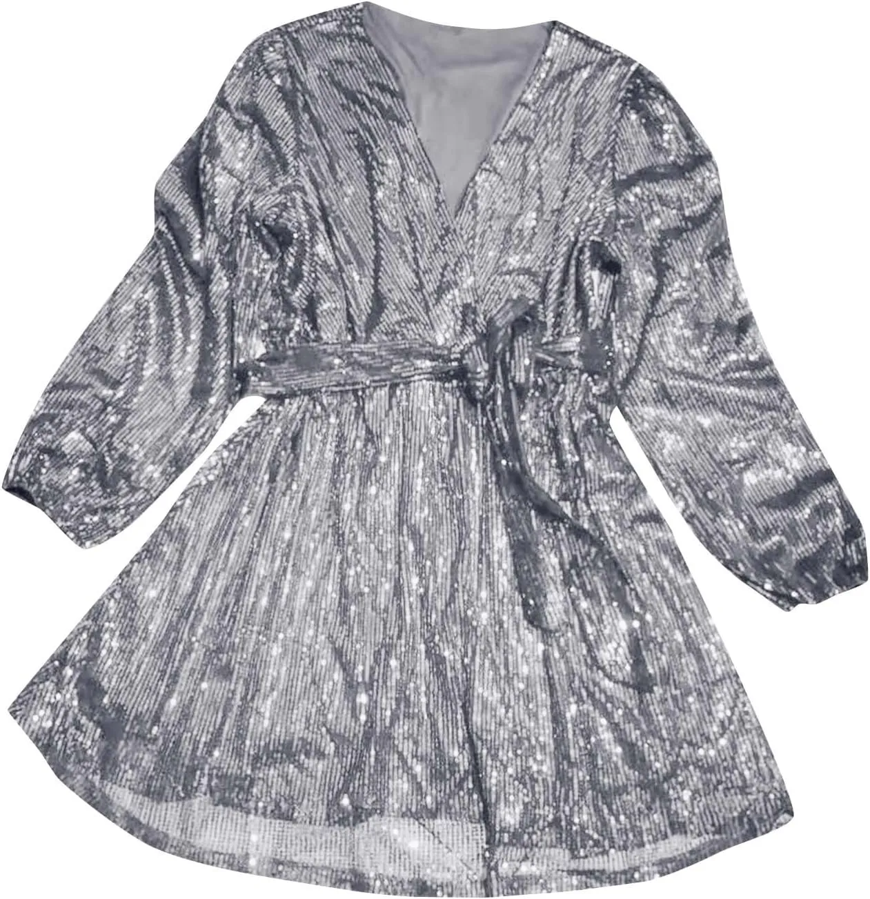 Women's Lantern Long Sleeve V Neck Sequin Cocktail Party Dress Plus Size Dresses for Women Wedding Guest with Belt