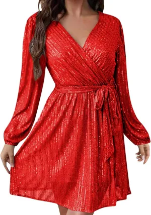Women's Lantern Long Sleeve V Neck Sequin Cocktail Party Dress Plus Size Dresses for Women Wedding Guest with Belt