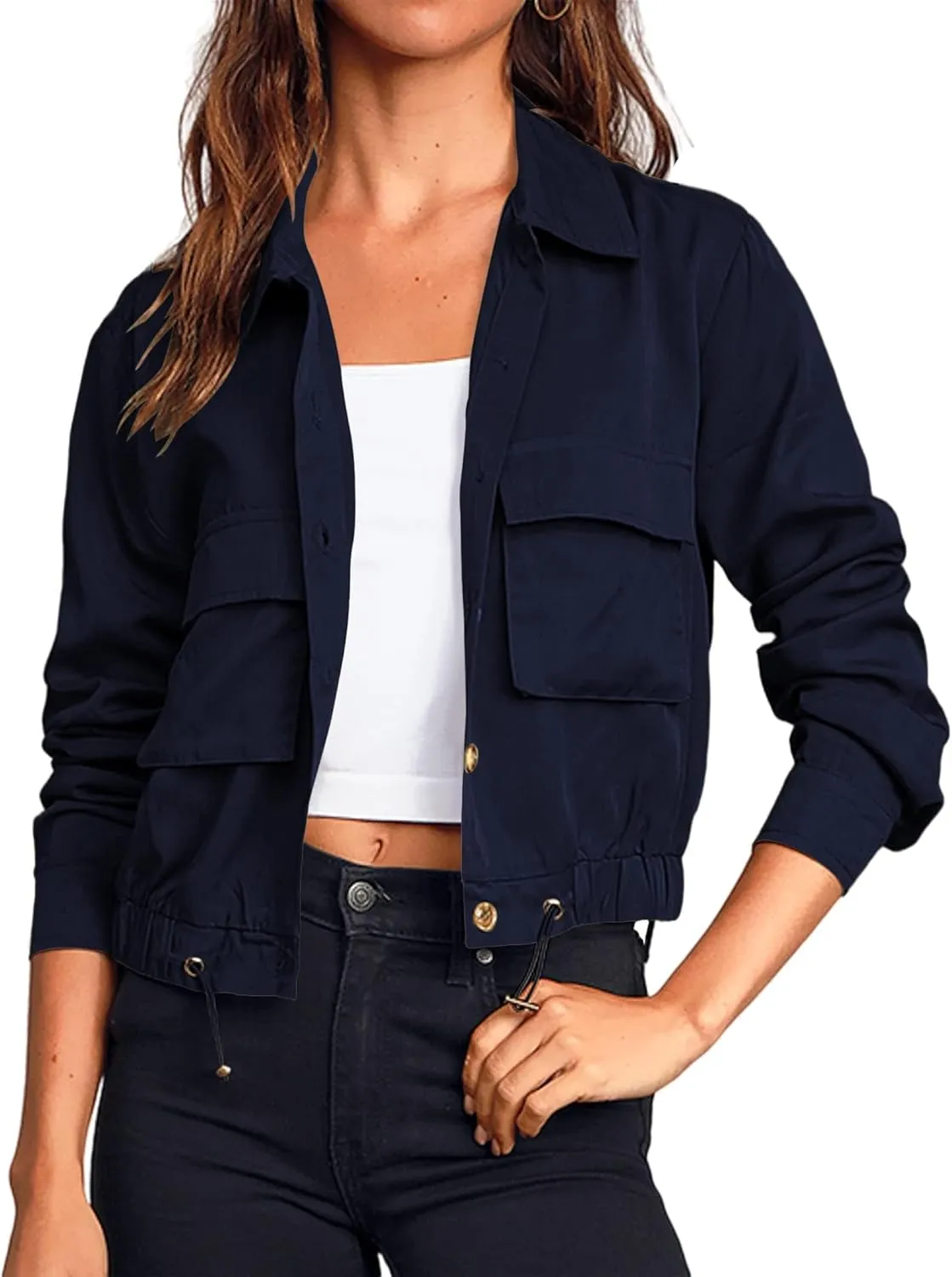 Women's Lightweight Black Cropped Utility Jacket Military Safari Button Down Anorak Coat with Pockets