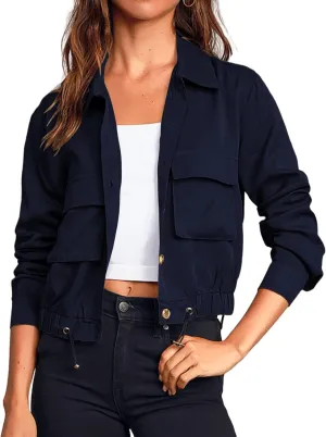 Women's Lightweight Black Cropped Utility Jacket Military Safari Button Down Anorak Coat with Pockets