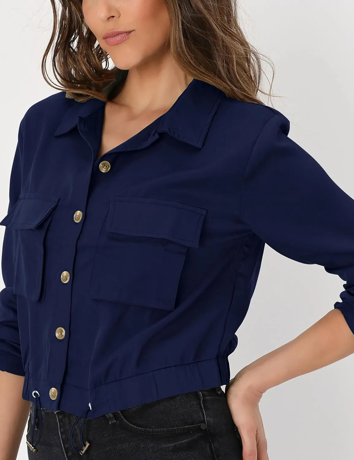Women's Lightweight Black Cropped Utility Jacket Military Safari Button Down Anorak Coat with Pockets