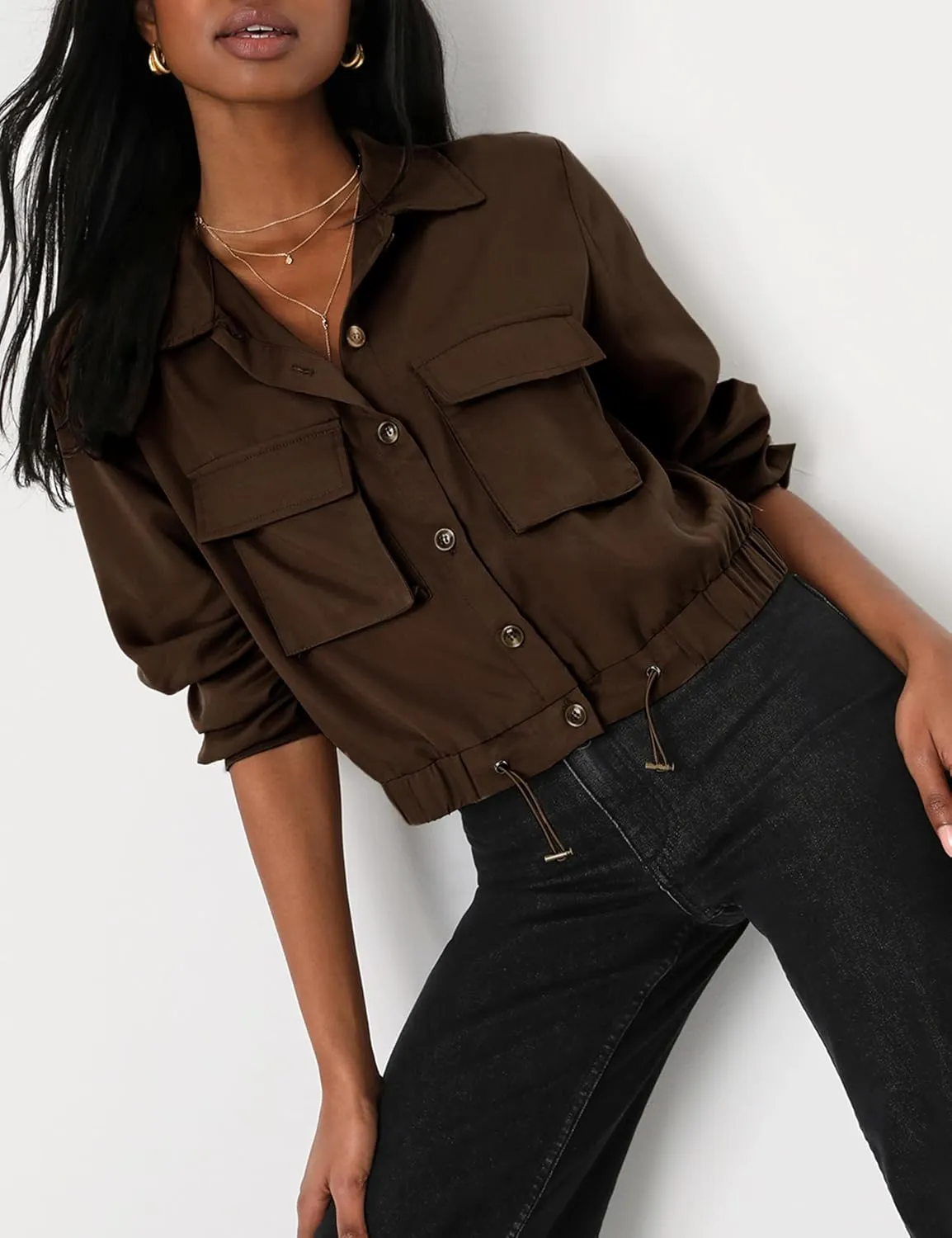 Women's Lightweight Black Cropped Utility Jacket Military Safari Button Down Anorak Coat with Pockets