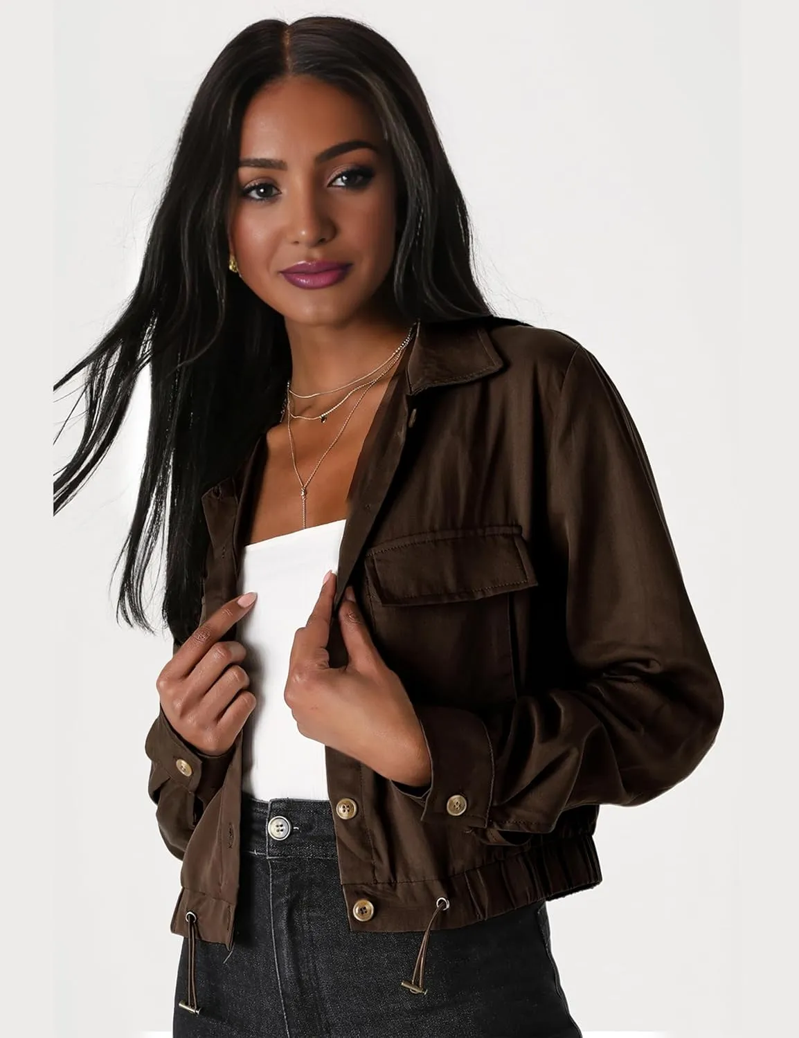 Women's Lightweight Black Cropped Utility Jacket Military Safari Button Down Anorak Coat with Pockets