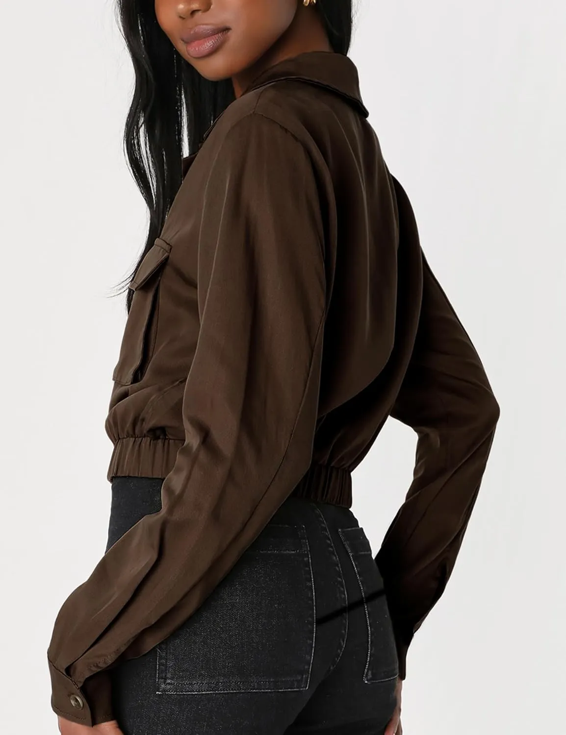 Women's Lightweight Black Cropped Utility Jacket Military Safari Button Down Anorak Coat with Pockets