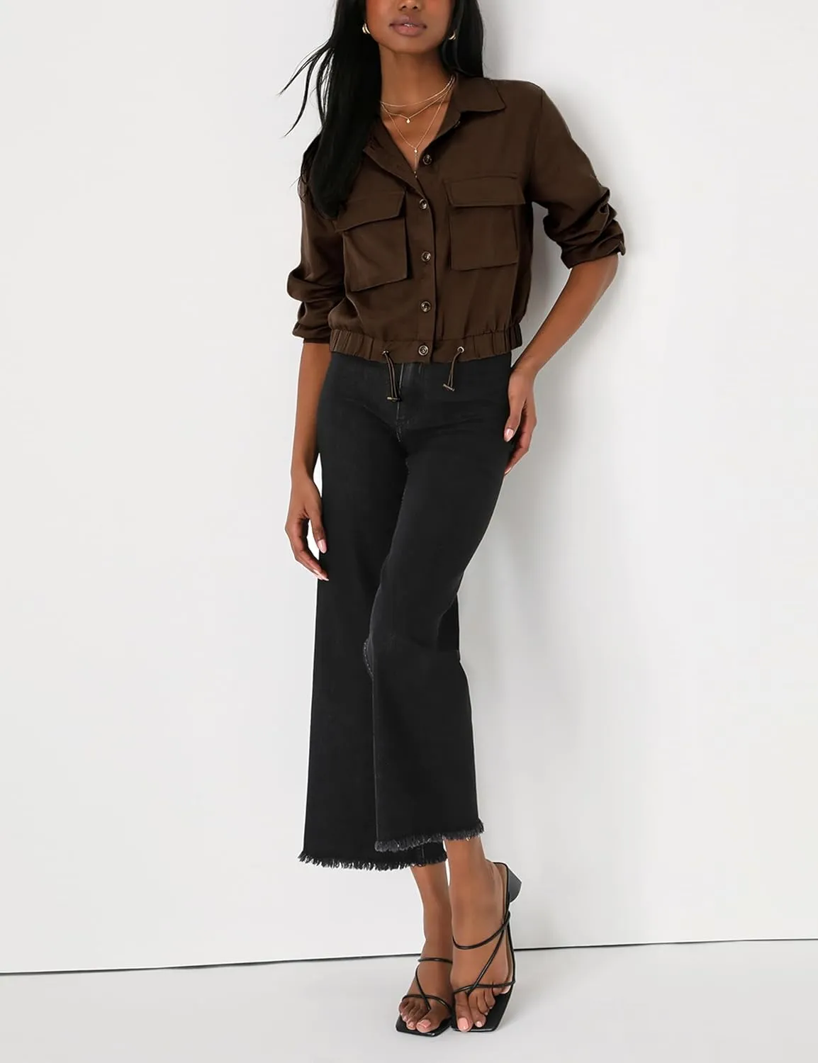 Women's Lightweight Black Cropped Utility Jacket Military Safari Button Down Anorak Coat with Pockets
