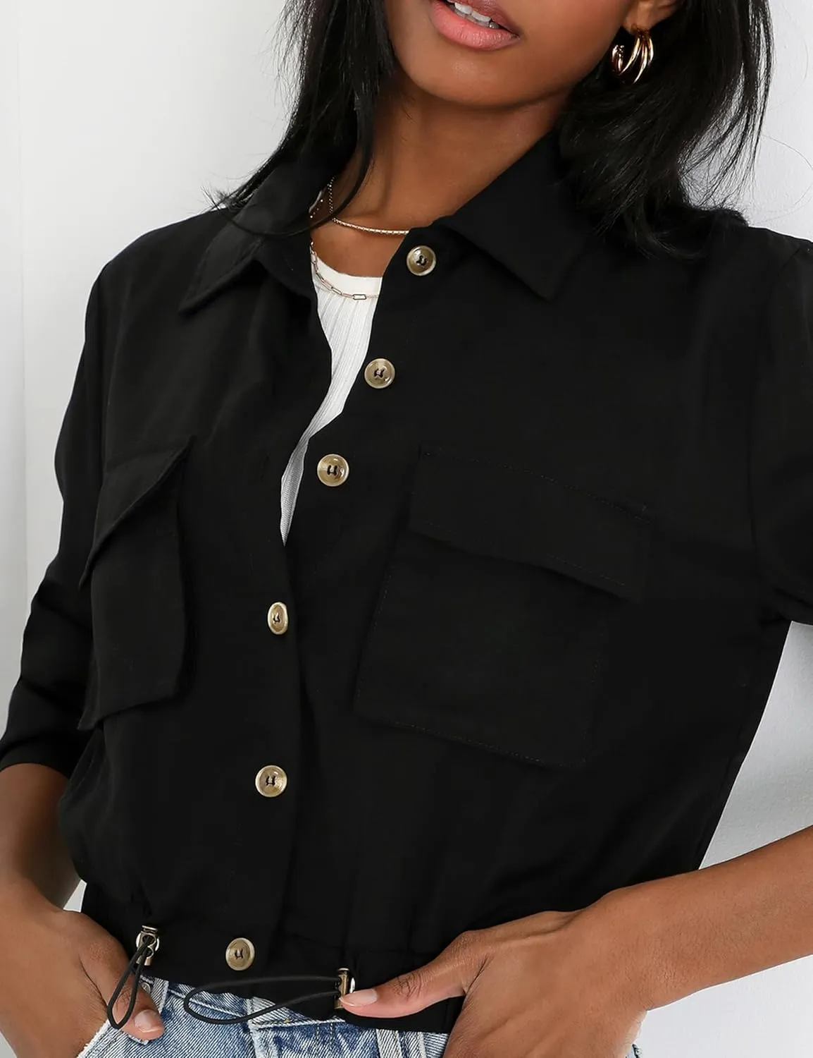 Women's Lightweight Black Cropped Utility Jacket Military Safari Button Down Anorak Coat with Pockets