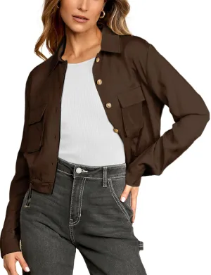 Women's Lightweight Black Cropped Utility Jacket Military Safari Button Down Anorak Coat with Pockets