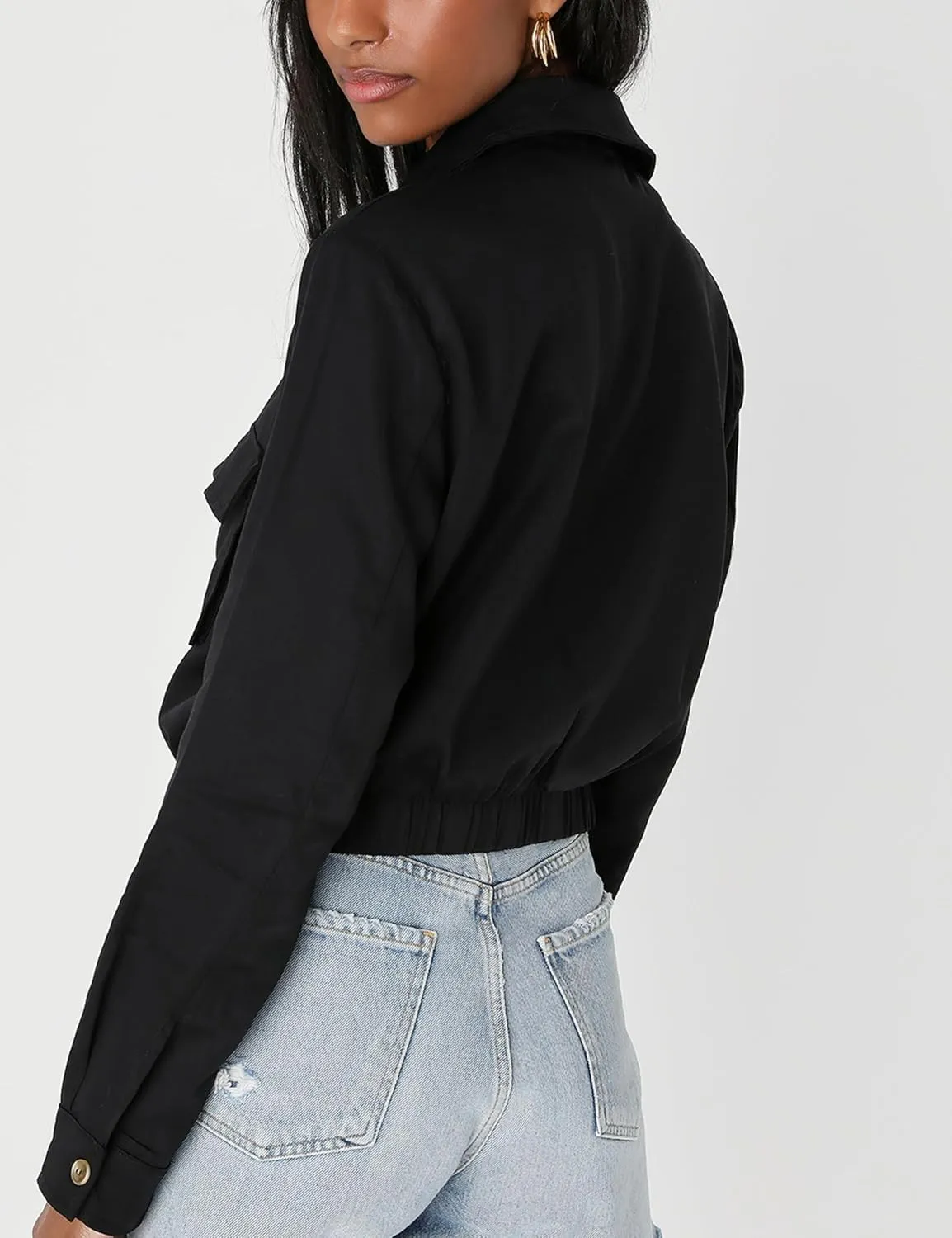 Women's Lightweight Black Cropped Utility Jacket Military Safari Button Down Anorak Coat with Pockets