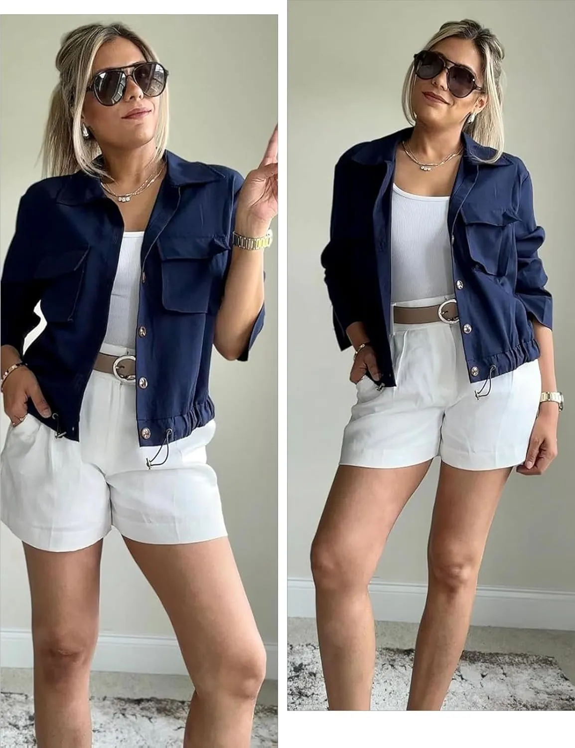 Women's Lightweight Black Cropped Utility Jacket Military Safari Button Down Anorak Coat with Pockets