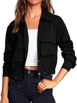 Women's Lightweight Black Cropped Utility Jacket Military Safari Button Down Anorak Coat with Pockets