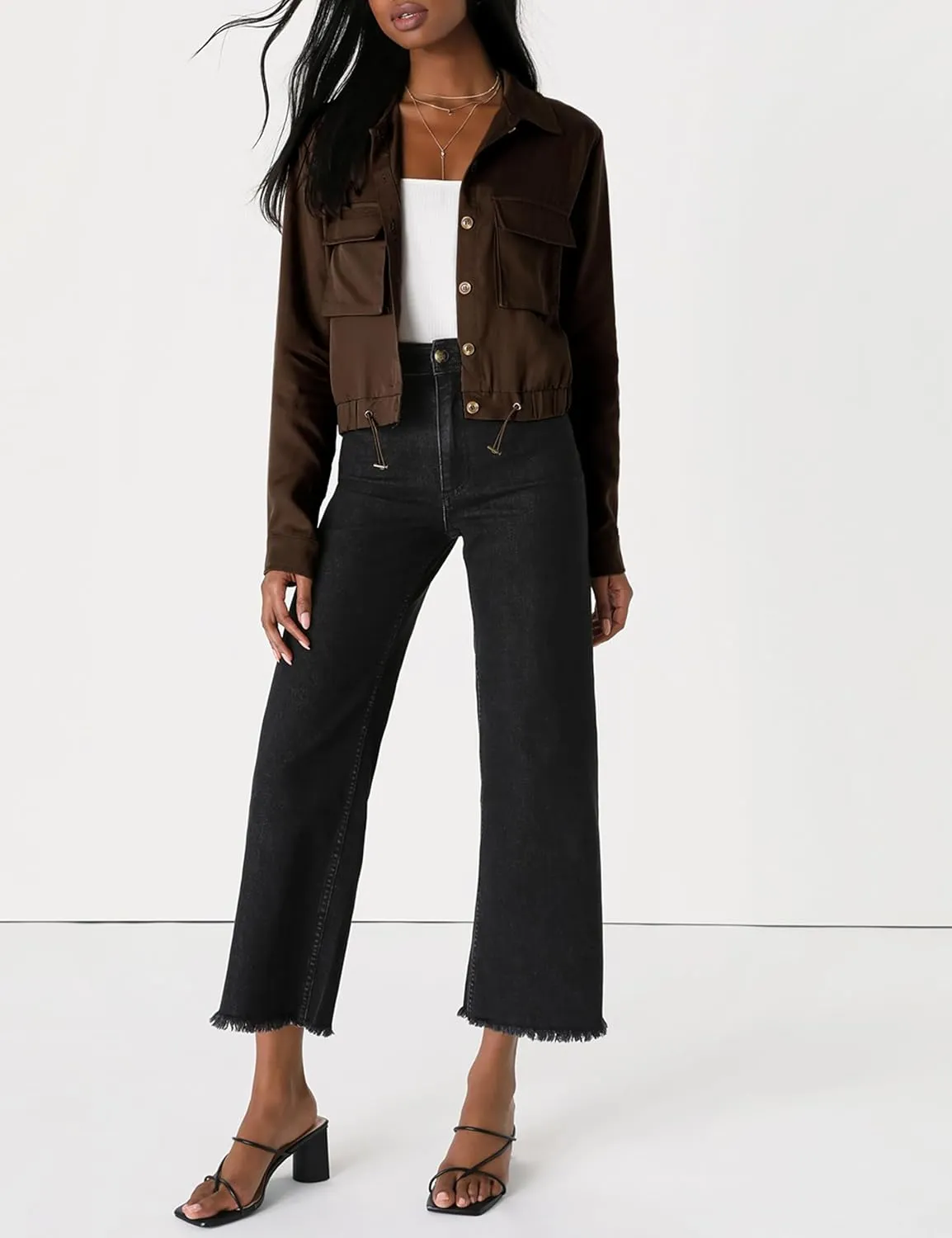 Women's Lightweight Black Cropped Utility Jacket Military Safari Button Down Anorak Coat with Pockets