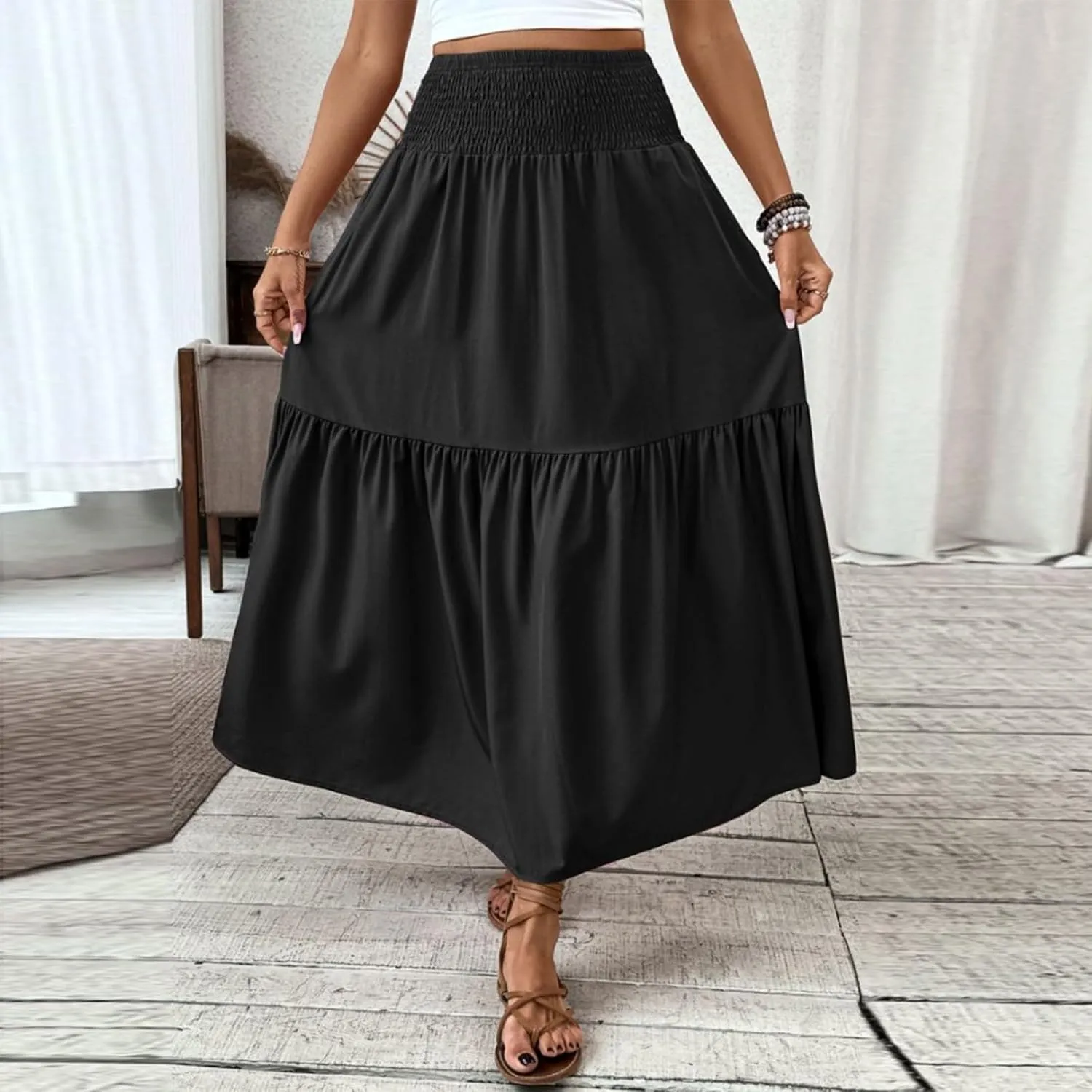 Women's Long Skirts Boho Swing Solid Stretch High Waist Tiered A-Line Maxi Skirt with Pockets, S-XL