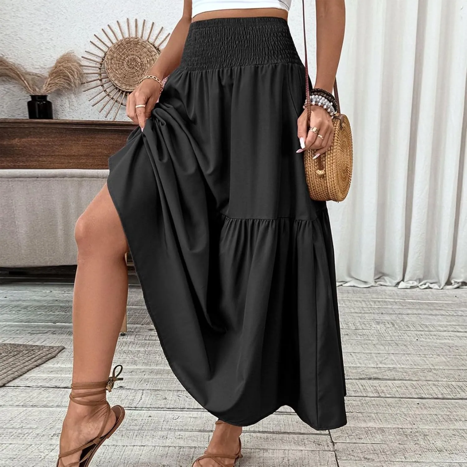 Women's Long Skirts Boho Swing Solid Stretch High Waist Tiered A-Line Maxi Skirt with Pockets, S-XL