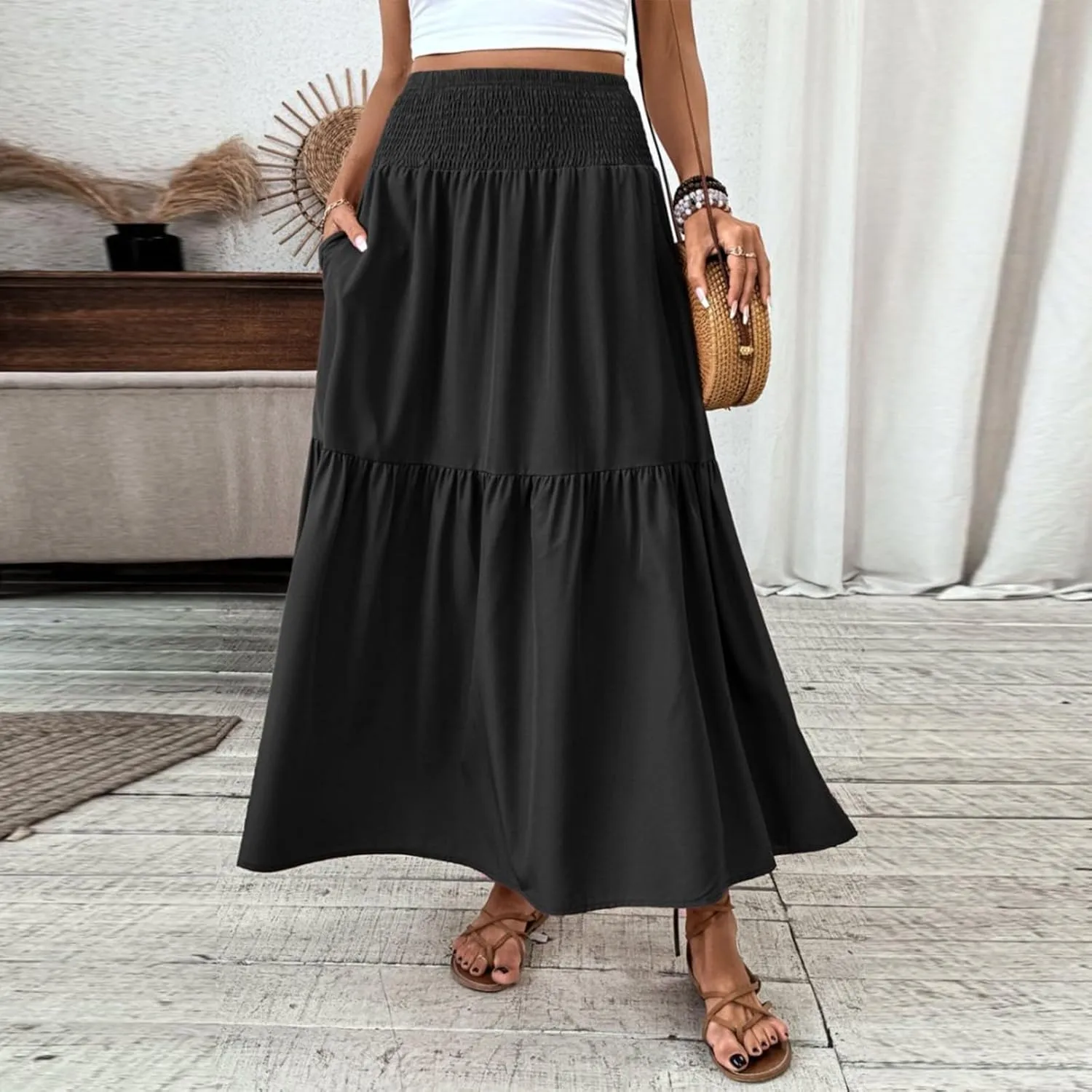 Women's Long Skirts Boho Swing Solid Stretch High Waist Tiered A-Line Maxi Skirt with Pockets, S-XL