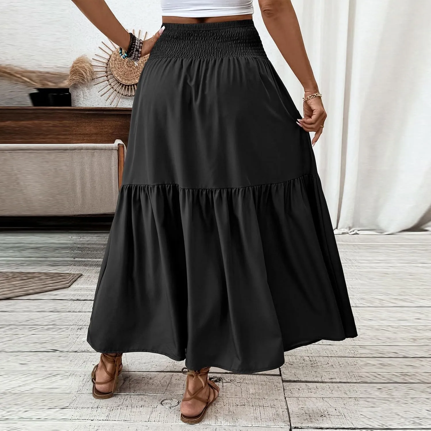 Women's Long Skirts Boho Swing Solid Stretch High Waist Tiered A-Line Maxi Skirt with Pockets, S-XL