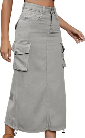 Women's Maxi Pencil Jean Skirt- High Waisted A-Line Long Denim Skirts for Ladies- Y2K Cargo Jean Skirt with Pocket