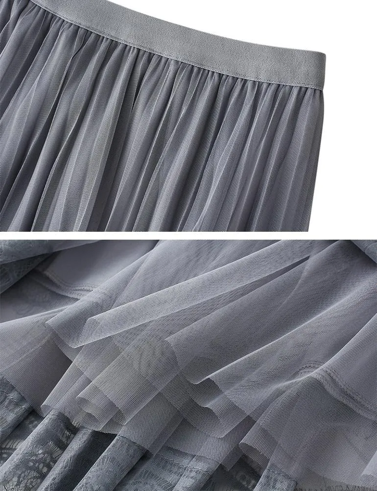 Womens Mesh Lace Midi Skirt High Waisted A Line Fairy Flowy Pleated Layered Tulle Skirt