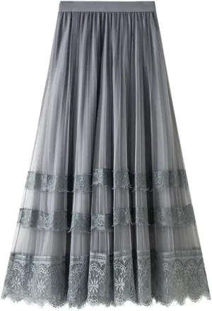 Womens Mesh Lace Midi Skirt High Waisted A Line Fairy Flowy Pleated Layered Tulle Skirt