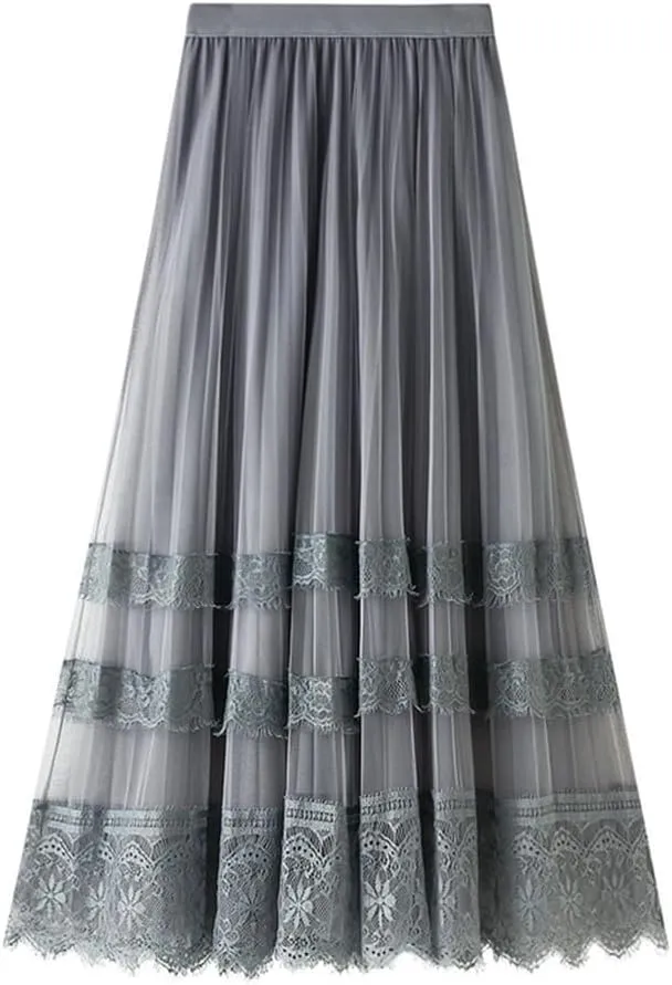 Womens Mesh Lace Midi Skirt High Waisted A Line Fairy Flowy Pleated Layered Tulle Skirt