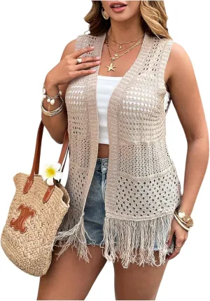 Women's Plus Size Boho Fringe Sleeveless Cardigan Open Front Hollow Out Crochet Knit Vest
