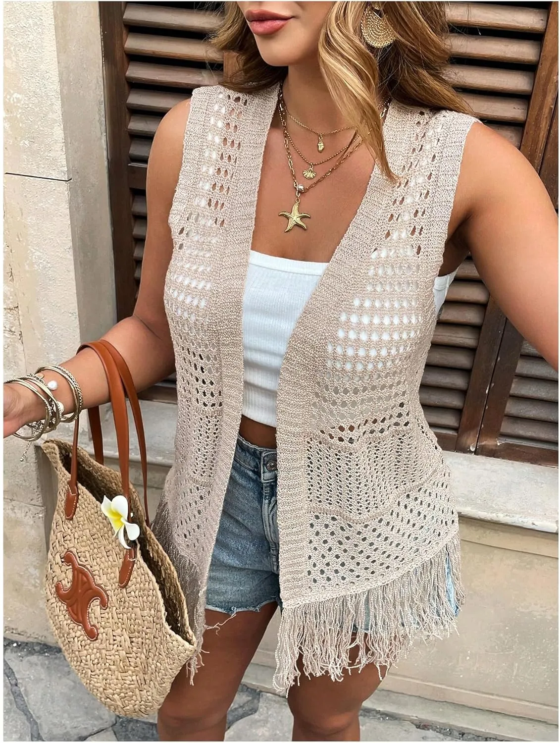 Women's Plus Size Boho Fringe Sleeveless Cardigan Open Front Hollow Out Crochet Knit Vest