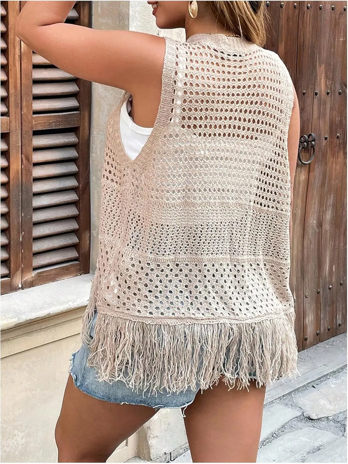 Women's Plus Size Boho Fringe Sleeveless Cardigan Open Front Hollow Out Crochet Knit Vest