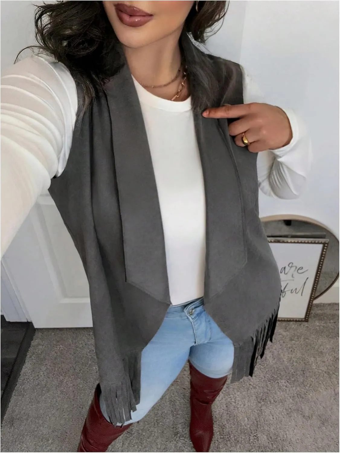 Women's Plus Size Fringe Suede Vest 70s Hippie Faux Western Jacket Tassel Sleeveless Cardigan