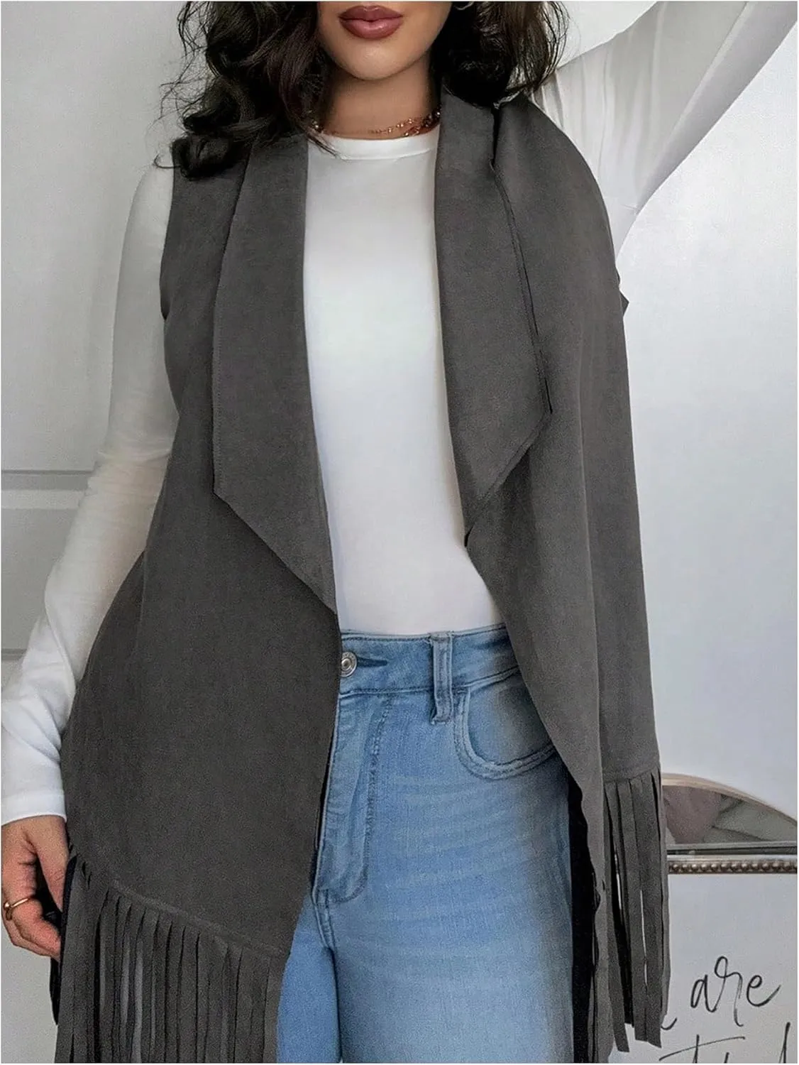 Women's Plus Size Fringe Suede Vest 70s Hippie Faux Western Jacket Tassel Sleeveless Cardigan