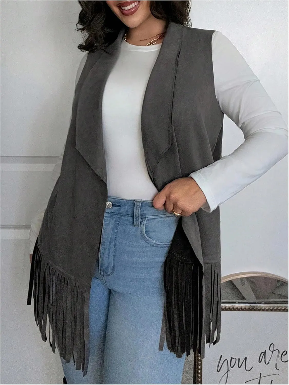 Women's Plus Size Fringe Suede Vest 70s Hippie Faux Western Jacket Tassel Sleeveless Cardigan