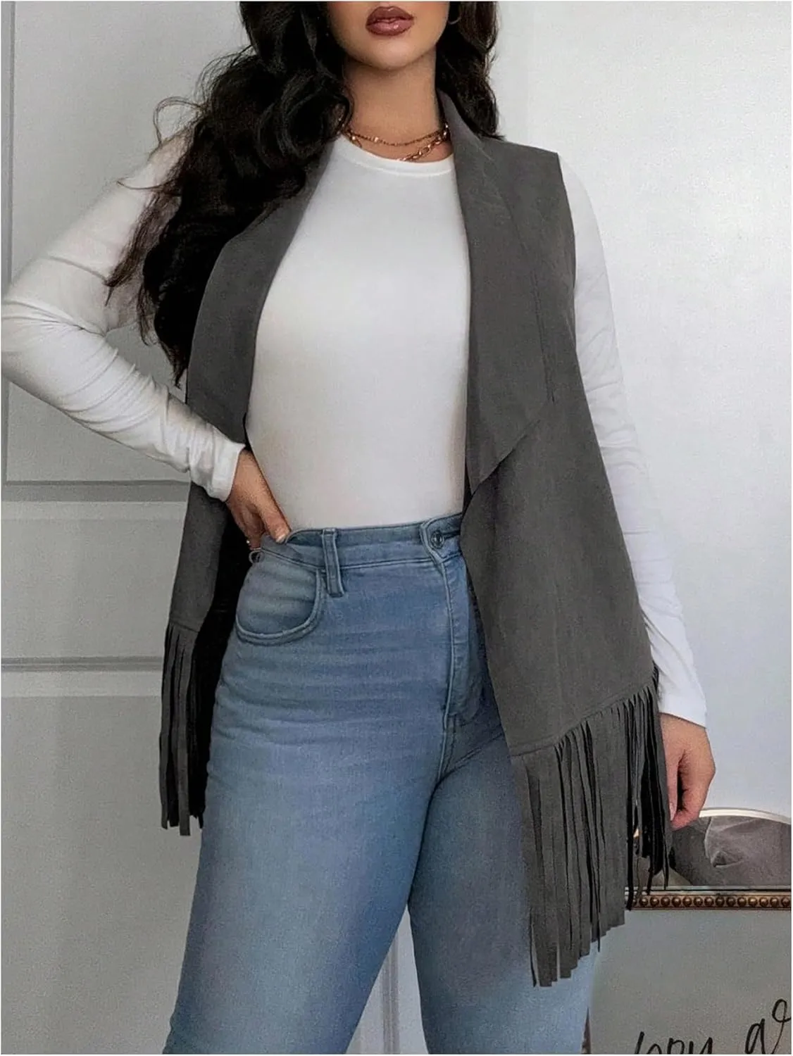 Women's Plus Size Fringe Suede Vest 70s Hippie Faux Western Jacket Tassel Sleeveless Cardigan