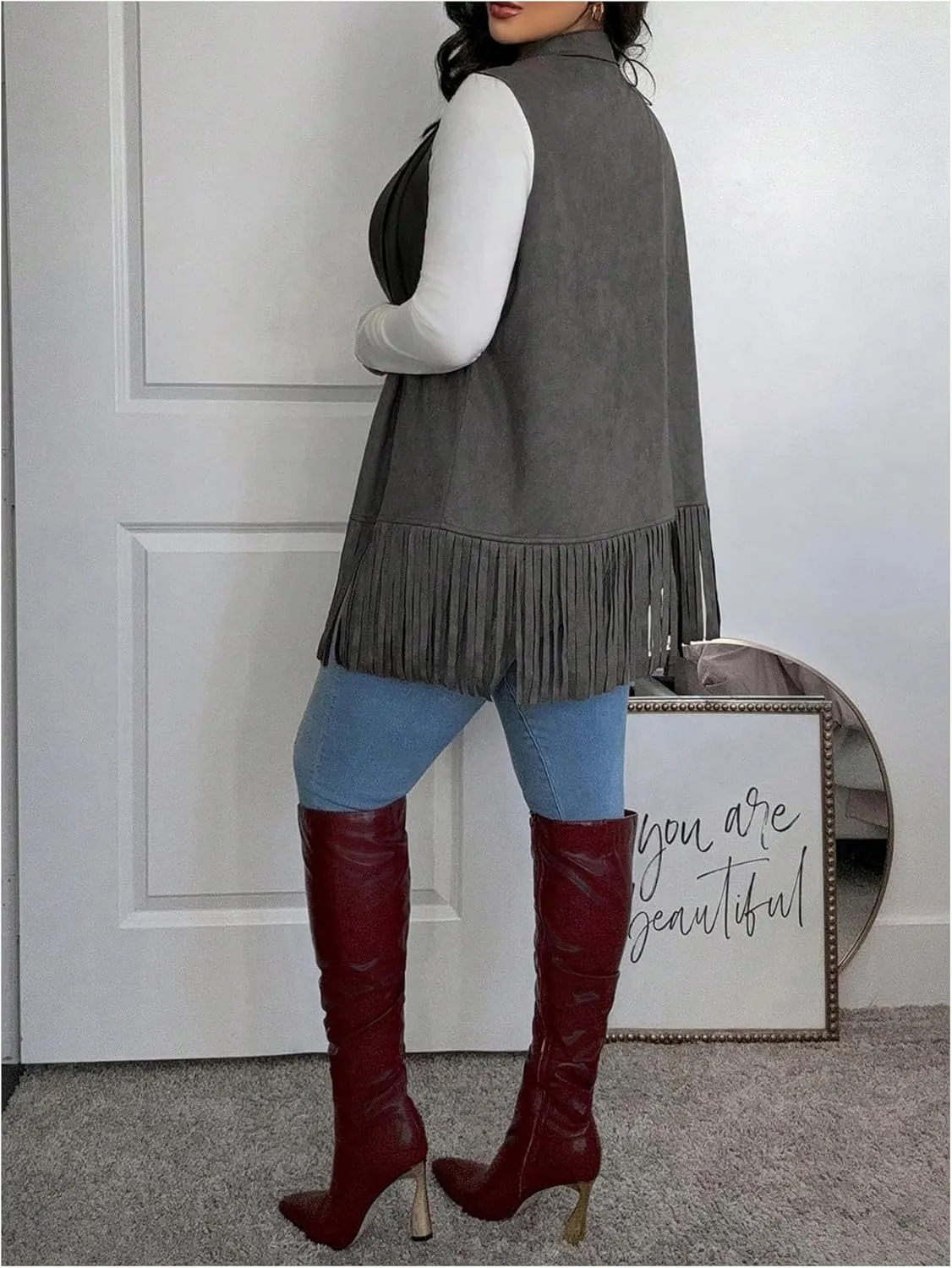 Women's Plus Size Fringe Suede Vest 70s Hippie Faux Western Jacket Tassel Sleeveless Cardigan