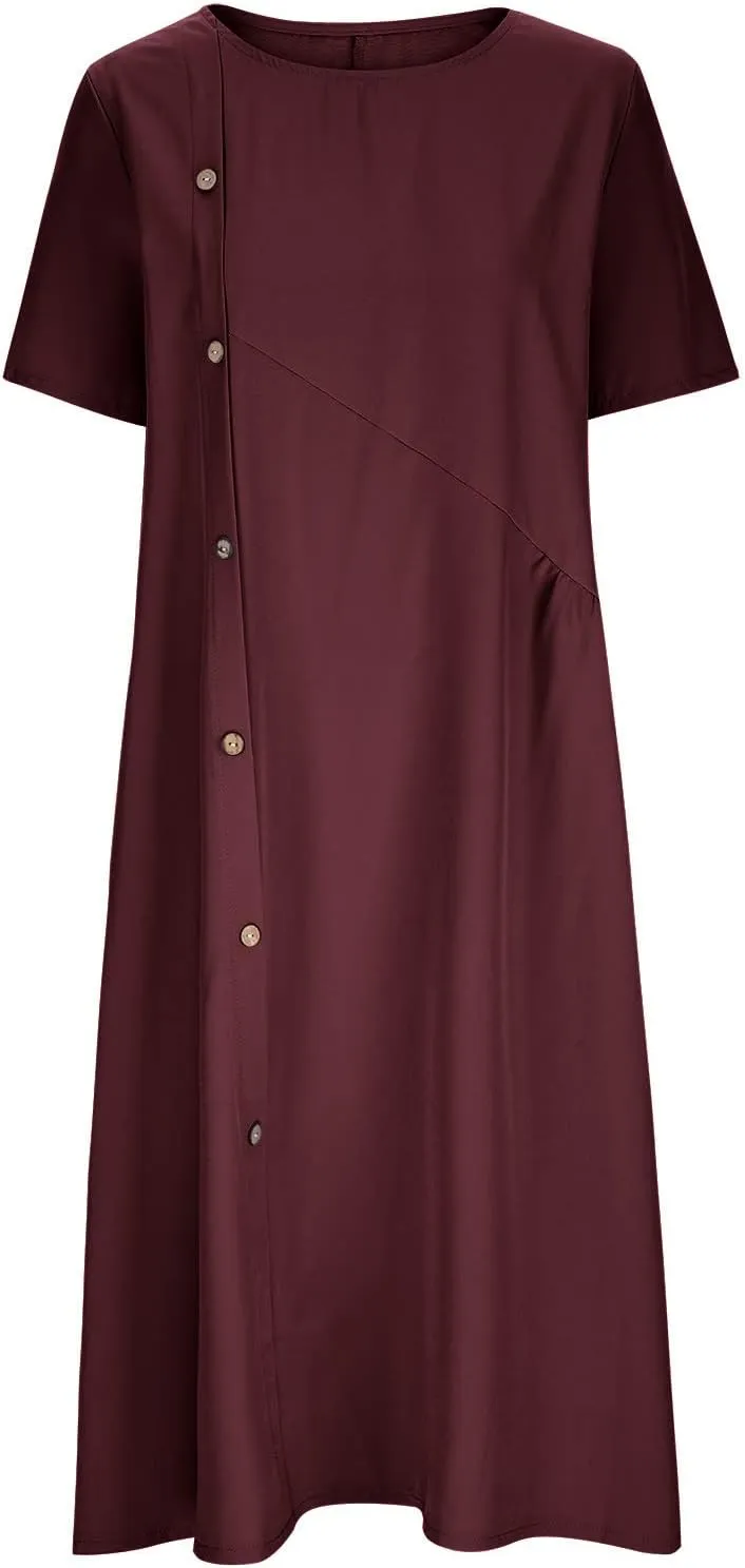 Women's Plus Size Summer Midi Dresses Short Sleeve Casual Loose Plain A Line Pleated Flowy Long Dress with Pockets