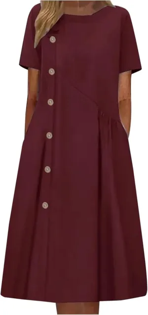 Women's Plus Size Summer Midi Dresses Short Sleeve Casual Loose Plain A Line Pleated Flowy Long Dress with Pockets